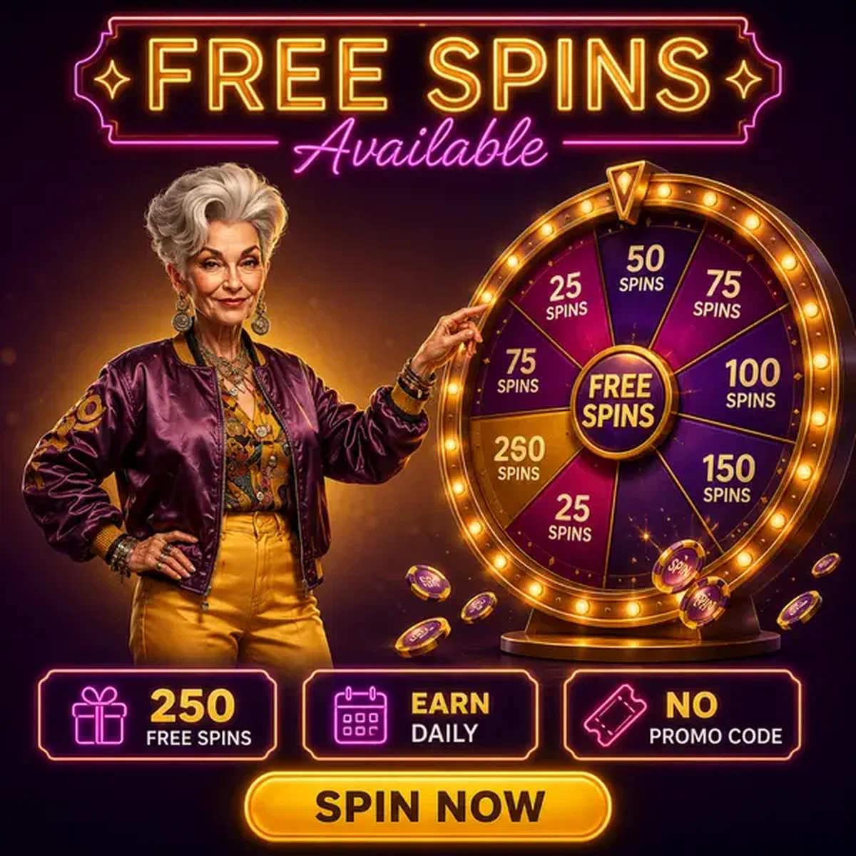 Jugador reclamando tiradas gratis en Spingranny Casino con rueda de premios brillante