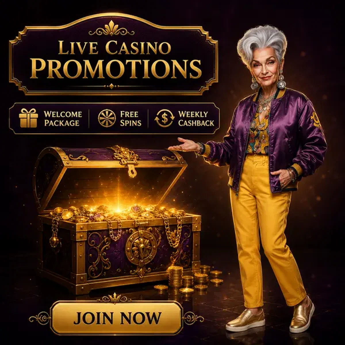 Mujer elegante gesticulando hacia cofre del tesoro brillante en las mesas del casino en vivo de Spingranny