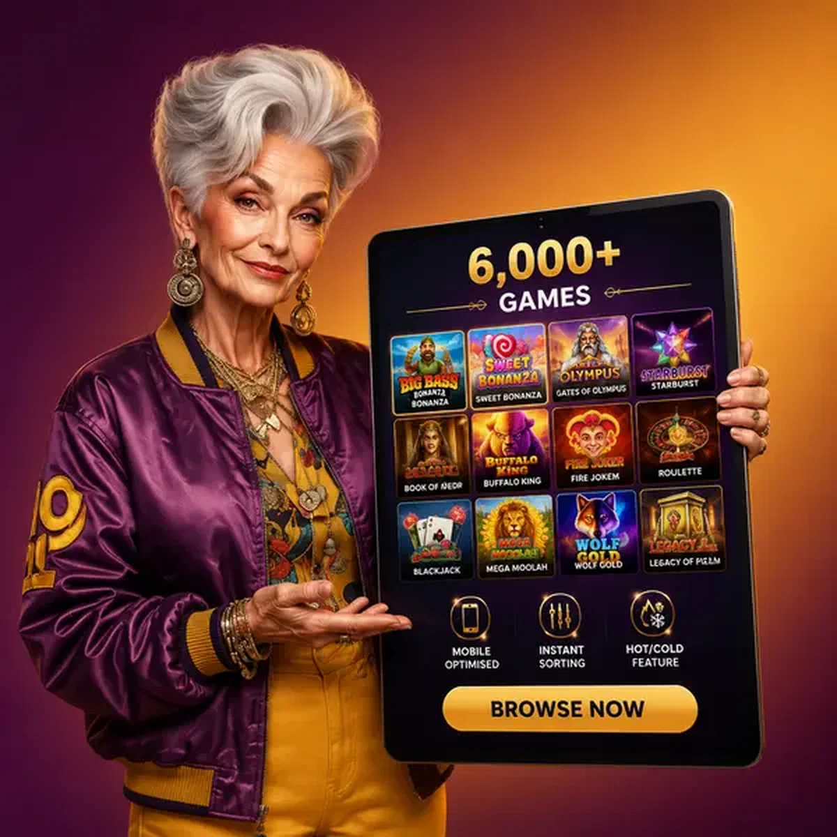 Mujer elegante presentando tablet mostrando más de 6.000 juegos en la interfaz de la app de Spingranny Casino