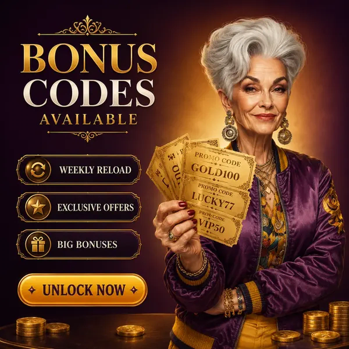 Elegante mujer revelando códigos de bono como vales dorados en el Casino Spingranny
