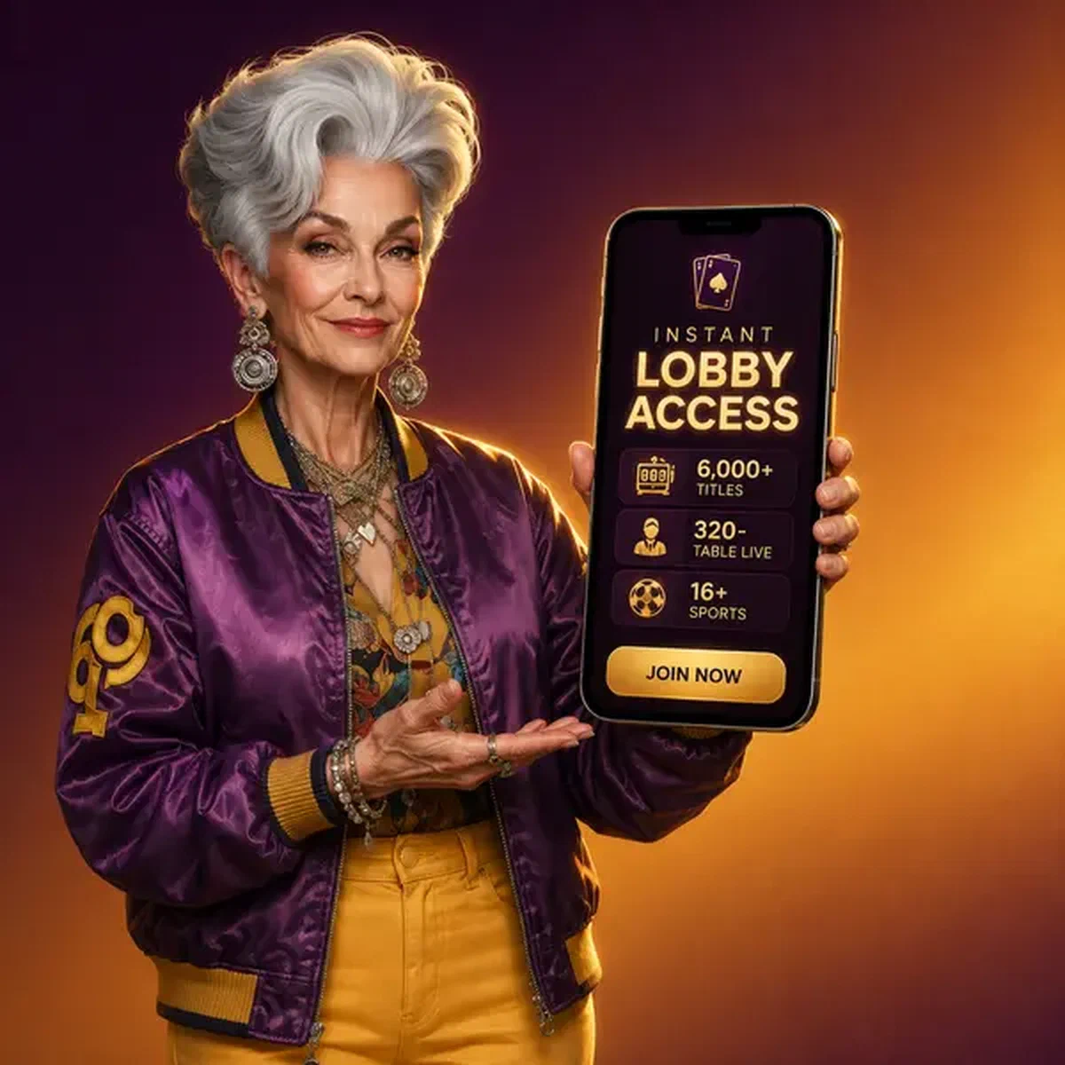 Mujer elegante muestra acceso instantáneo al lobby mientras se registra en un smartphone brillante en un sofisticado casino
