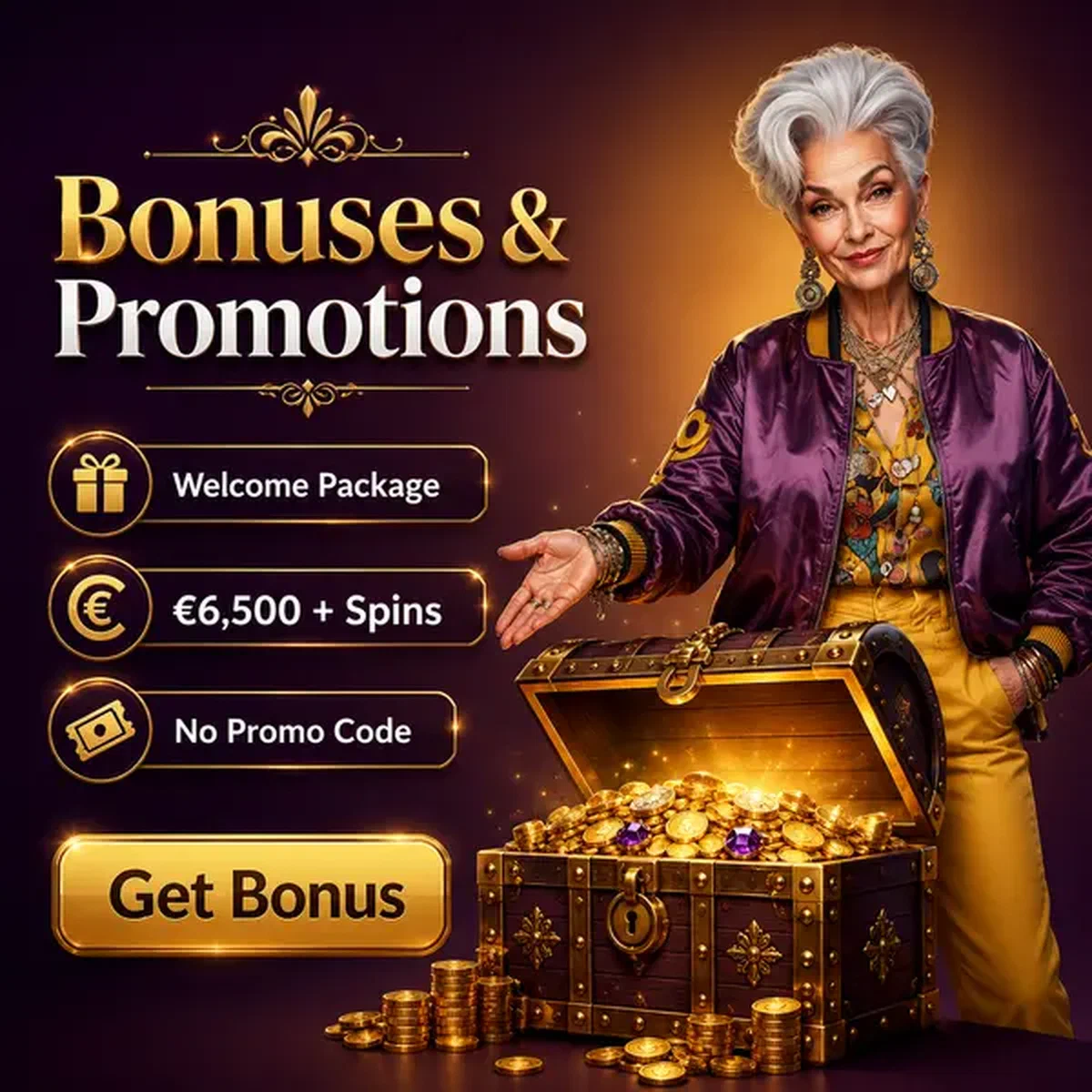 Mujer elegante revelando cofre del tesoro de bonos en Spingranny Casino con resplandor dorado