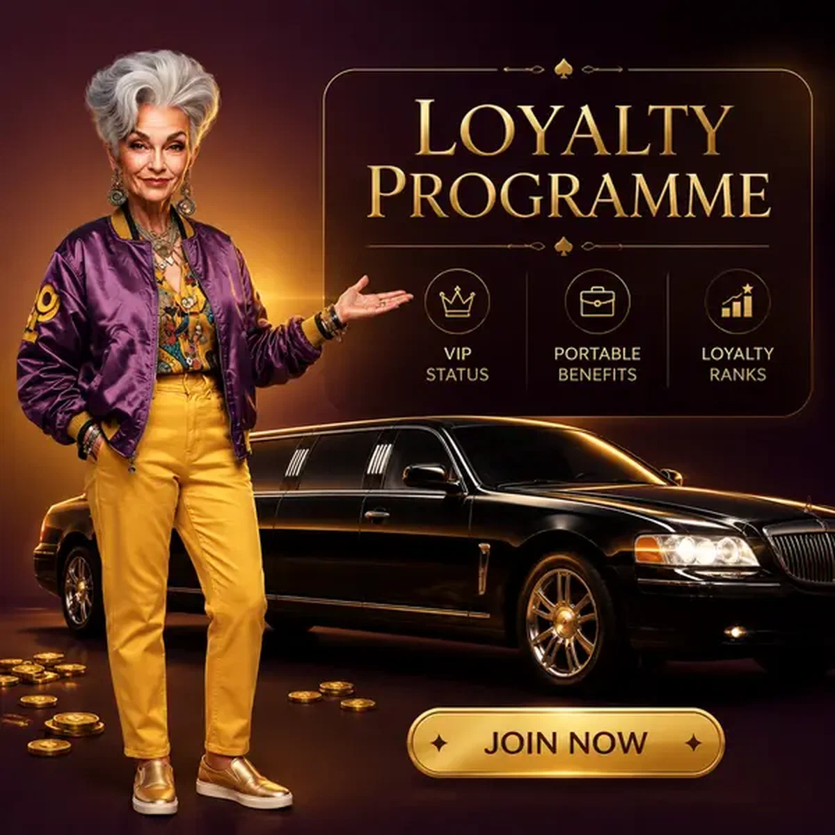 Mujer elegante presentando beneficios del programa de lealtad VIP junto a limusina de lujo en Spingranny VIP