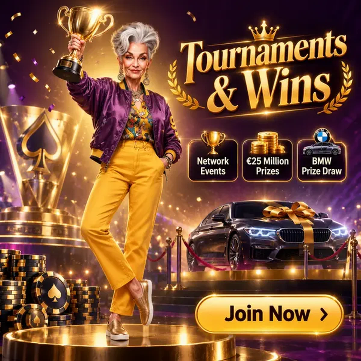 Mujer elegante sosteniendo trofeo dorado celebrando victorias en torneos en Spingranny Casino