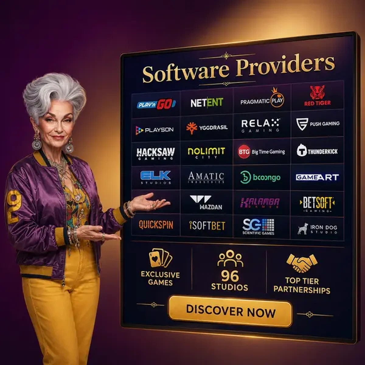 Dama elegante presentando proveedores de software en Spingranny Casino con pantalla digital de estudios de juegos